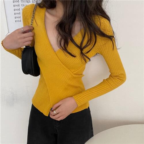 Wool Pullover Womens Cross Deep V-Neck Slim-Fit Knitted Sweaters Autumn Long-Sleeved Jumper Tops Sexy Solid
