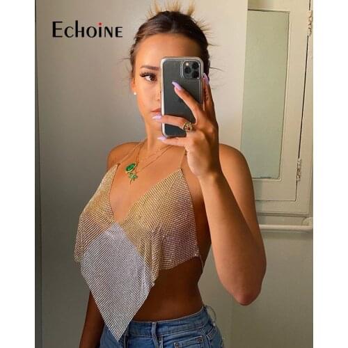 Echoine women sexy Festival Queen rhinestone deep v neck crop top sequined halter backless fashion Nightclub party lady tank top