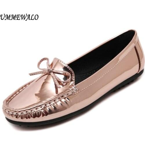 UMMEWALO Shoes Women Metallic Patent Leather Flat Shoes Casual Bow Loafer Shoes Ladies Rubber Sole Driving Moccasin