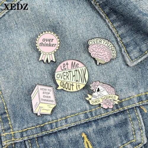 XEDZ Pink Pin for Woman Fashion Tie Badge Brain Message Window Flowers Skull Book Over Thinker Custom Punk Lapel Brooch Jewelry