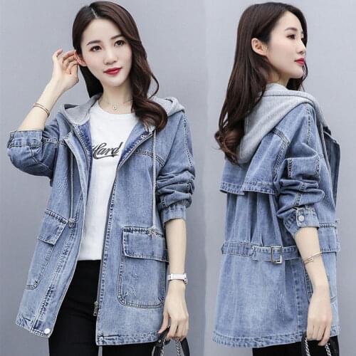 2021 Spring Autumn New Hooded Denim Jacket Woman Mid-Length Student Korean Loose BF Casual Windbreaker Jeans Jacket Women 111