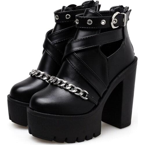 Spring Autumn Fashion Ankle Boots For Women High Heels Casual Cut-outs Buckle Round Toe Chain Thick Heels Platform Shoes yuj7