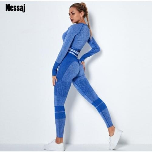 Nessaj Women Seamless Set Fitness Sports Suits Gym Clothes Fitness Long Sleeve Shirts High Waist Running Leggings Workout Sets