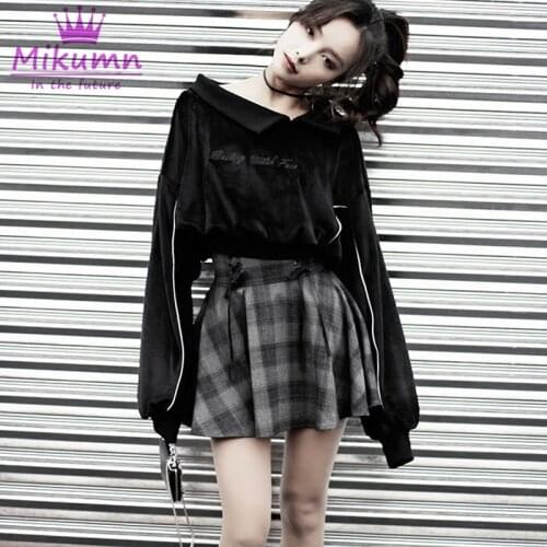 Womens Sets Gothic Letter Embroidery Velvet Sweatshirt High Waist Lace-up Plaid Mini Skirt Punk Girls Skirt And Pullovers Tops