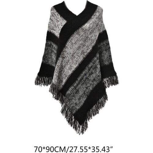 Women Ethnic Knit Poncho Cape Color Block Striped Tassels Pullover Sweater Shawl