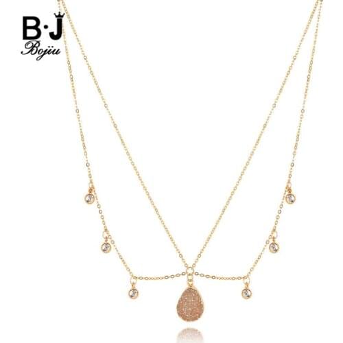 BOJIU Fashion Gold Water Drop Natural Druzy Pendant Necklace In Jewelry Copper Inlaid Zircon Accessories Necklace Women NKS188