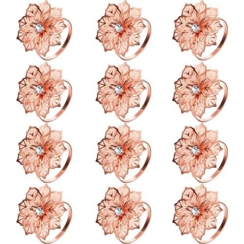 12 Pieces Alloy Napkin Rings with Hollow Out Flower Napkin Holder Floral Rhinestone Napkin Rings Adornment Exquisit