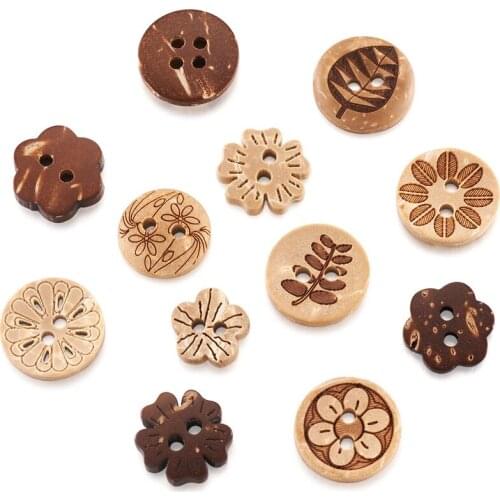 120pcs/set Carved 2-hole Basic Sewing Coconut Buttons Mixed Flower Shape for Clothing Accessories DIY Handmade