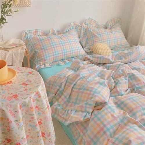 Ruffle Plaid bedding set double bed Plaid sheet gentle lovely girl room decoration Quilt Set 3 / 4pcs