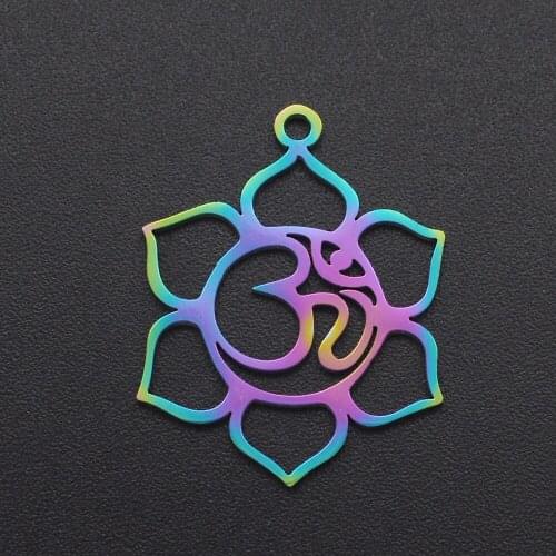 5pcs/lot 100% Stainless Steel Rainbow Om Lotus Charm Pendant Wholesale Never Fade OEM Order Accepted Necklace Making Pendants