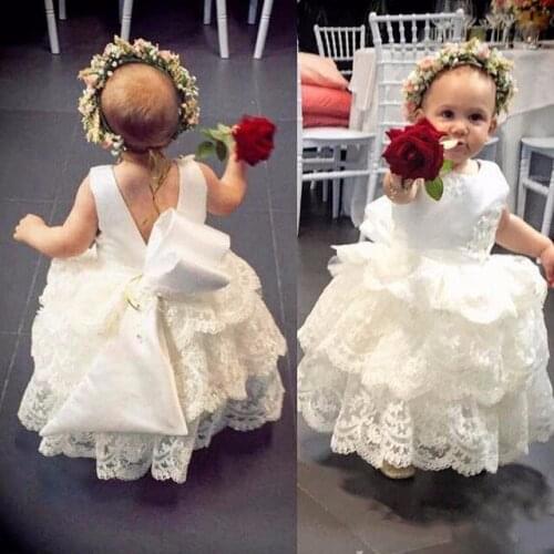 White/ivory lace baby girl wedding party gown with bow ankle length kids birthday dresses for girls