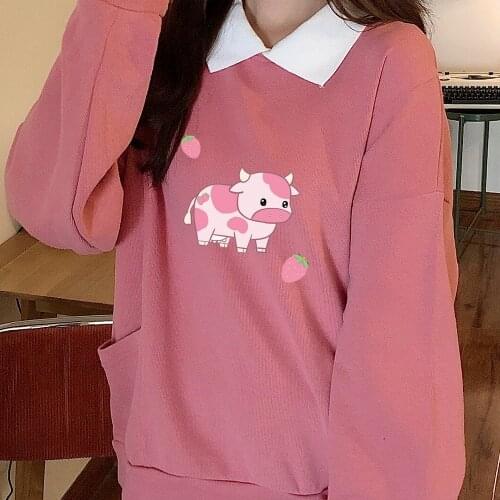 Strawberry Cow Jumper Cotton Casual Pullover Hoodie Best Friend Sweatsuit Long Sleeve for Teens Gift Women Aesthetic Sweatshirts
