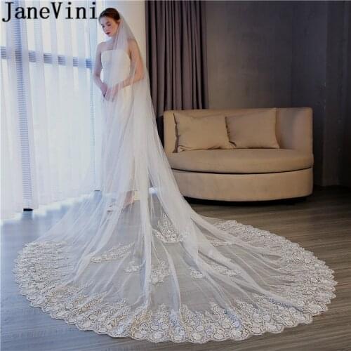 JaneVini 2020 New Style Cathedral Wedding Veils with Comb Ivory One-Layer Long Bridal Veil Lace Appliques Edge Tulle Accessories
