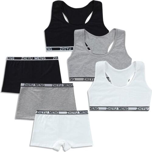 Cotton Girls Bra And Panty Sets Teenage Girls Cotton Padded Training Bra+Panties Kids Sports Bra Panties Underwear 8-18Years Old