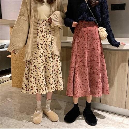 Luck A Autumn Winter Vintage Velvet Floral Women Long Skirt Casual Pleated A Line Skirts Casual Loose High Waist Fladas Bottoms