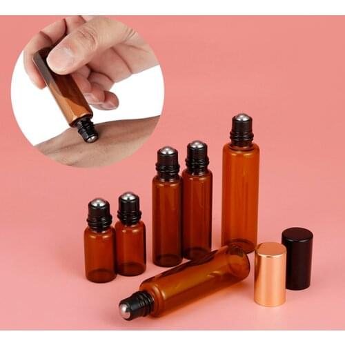 5Pcs 3ML 5ML 10ML Amber Roll glass On Roller Bottle with Stainless Steel Refillable Essential Oils Perfume Bottles Containers