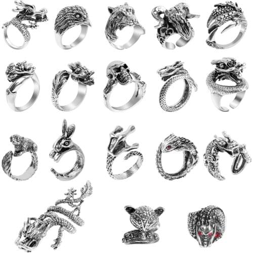 Punk Skull Vintage Dragon Ring For Men Steampunk Retro Animal Stainless Steel Finger Rings Gothic Male Hip Hop Jewelry