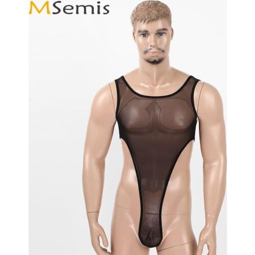Mens Sheer See Through Mesh Lingerie Sissy Sleeveless Sexy Deep U High Cut Thong Leotard Gay Nightwear Erotic Singlet Bodysuit