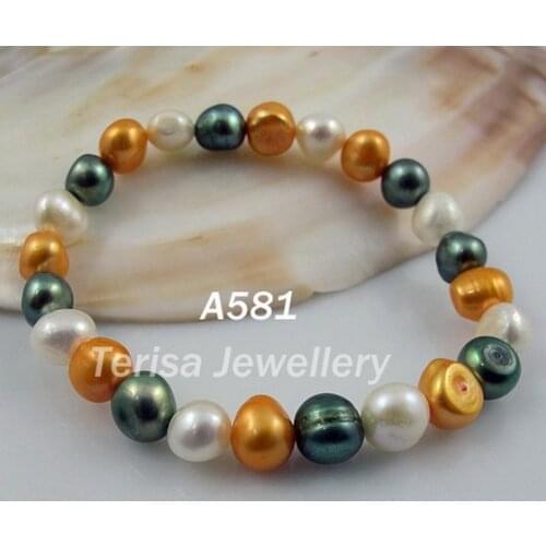 New Free Shipping A581# Grade AA.Natural Fresh Water Pearl Barcelet.Size:8-9mm.Mix color.7.5inch Elastic Bracelet.5pcs/lot