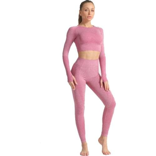 Wholesale Ladies Stretchy Running Training Fitness Womens Gym Leggings High Waist Seamless 2 Piece Yoga Set