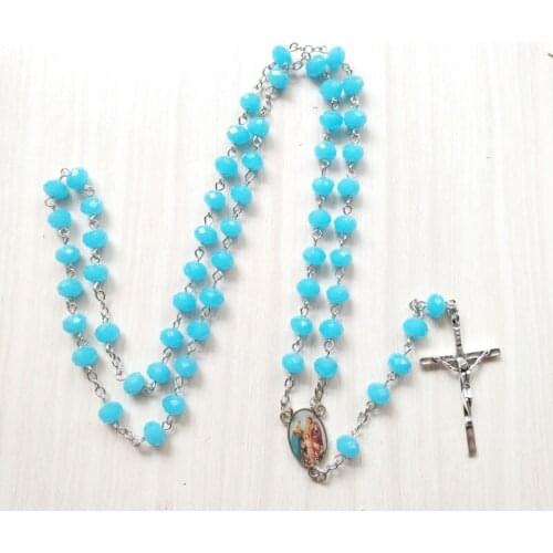 QIGO Religious Pray Jewelry Blue Crystal Jesue Cross Rosary Necklace For Men Women