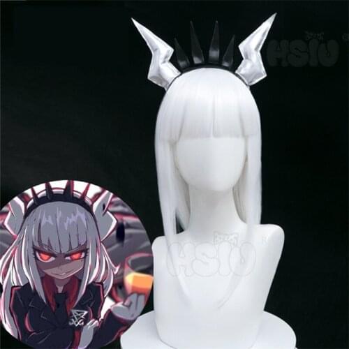 Game Helltaker Lucifer Cosplay Wig with Horns Headband White Heat Resistant Synthetic Hair Wigs + Wig Cap