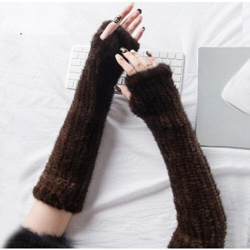 LUXURY Women 100% Genuine Mink Fur Double Knit Stretch Long Gloves Mujer Fingerness Arm Sleeve 30cm/40cm Black/Brown Opera Luvas
