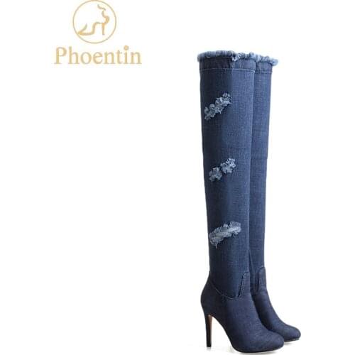 Phoentin stretch denim over knee boots with zip super high thin heels 10cm turned-over blue autumn shoes women punk boots FT183