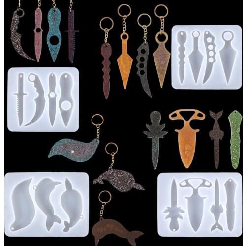 DIY Crystal Epoxy Dolphin Keychain Mold Epoxy Resin Mirror Silicone Mold Defense Knife Handmade