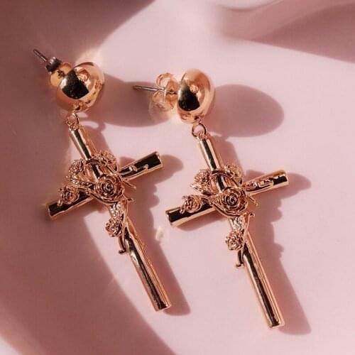 Huitan Fashion Rose Gold Color Cross Rose Wrapped Women Drop Earring Wedding Engage Party Earring Personality Pendent Earrings