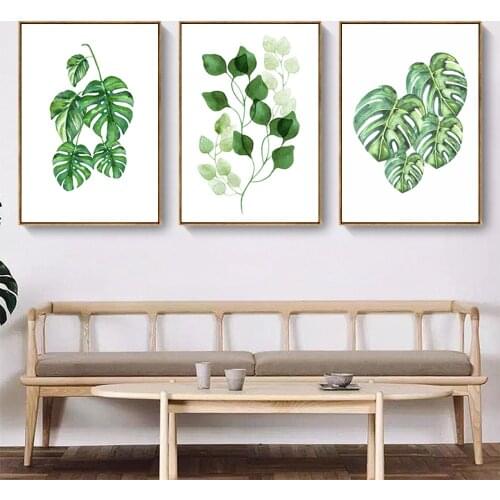 Nordic Simple Monstera Deliciosa Green Leaf Decoration Painting Fresh Plant Villa Hotel Family Hanging Canvas Painting Wall Art