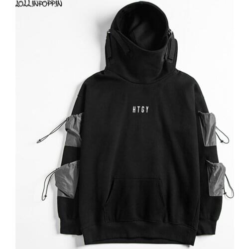 Japan Style Streetwear Sleeve Pockets Hip Hop Men High Neck Hoodies Letters Printed Mens Hooded Sweatshirts Loose Black Hoodie