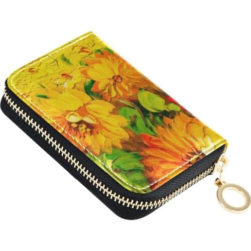 Women Business Card Holder Sunflower Leather Credit Card Holder Women Zipper Pocket Ladies Card Case Zipper Wallet Coin Purse
