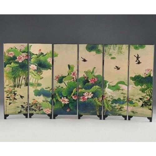 Oriental Lacquer Handwork Old Painting Lotus Writing Words Six Fold Screen Deco#3