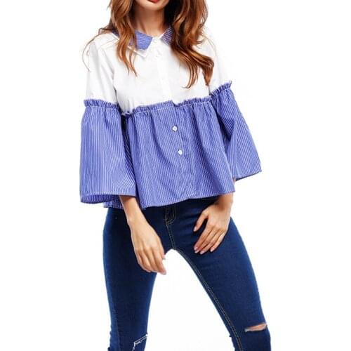 2017 New Autumn Women T-Shirt Three Quarter Sleeve Stripe Sweet Oversized Lantern Sleeve Top AB233