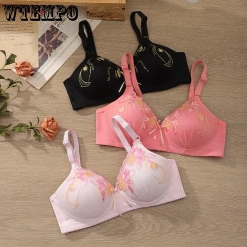 Women Sexy Bras Floral Push Up Bra Plus Size Underwear Seamless Gathered Thin Bralette Girl Kawaii Lingerie Brassiere Embroidery