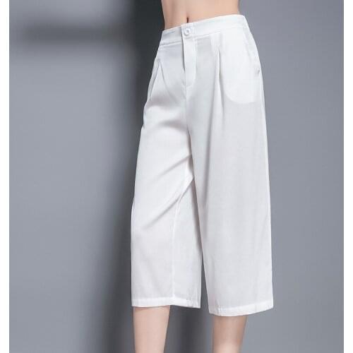 NS143 Silk pants womens elastic waist down fashion wide leg pants mulberry silk white Capris