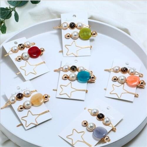 3pcs/set Vintage Acetic Acid Acrylic Resin Star Hairpins For Women Imitation Pearl Geometric Fashion Hair Clips Barrettes Grips
