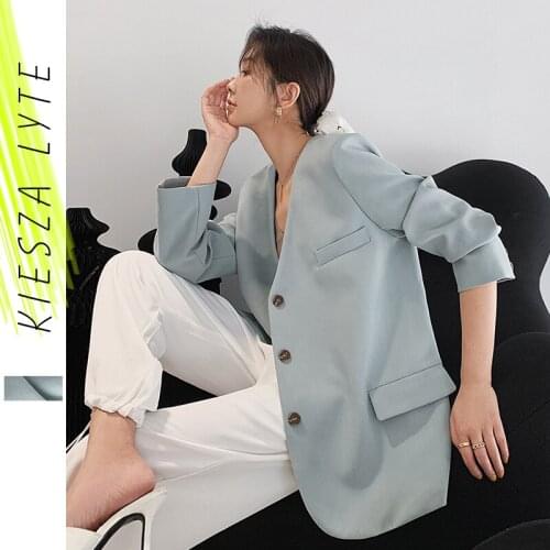 Women Blazer 2020 Autumn Casual Chic Single Breasted Long Sleeve Thin Morandi Blue Blazers Ladies Suit Jackets Femme Outerwear