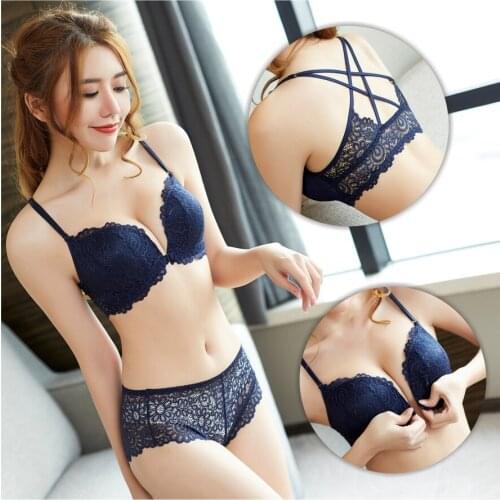 French Style Front Buckle Lace Ladies Bras Sexy Gather Push Up Seamless Small Chest Underwear Set Lingerie Bralette Wire Free