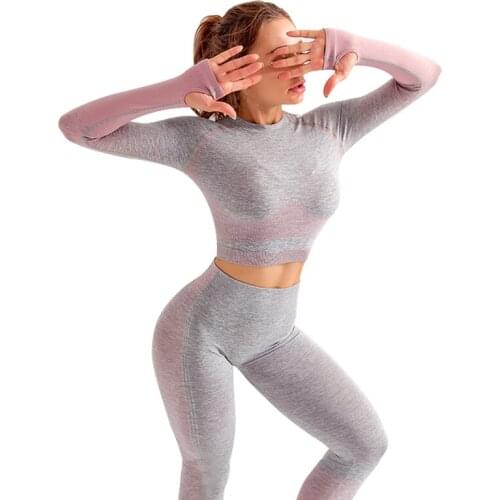 Striped Women Seamless Suit Top Leggings Fitness Kit Yoga Set Clothes Long Sleeve Female Sport Wear Workout Gym Outfit Clothing