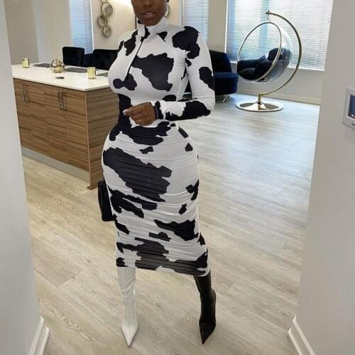 2021 New Fashion Clubwear Bodycon Long Dress Women Clothing Cow Print Female Skinny Maxi Dresses Long Sleeve Spring Outfits