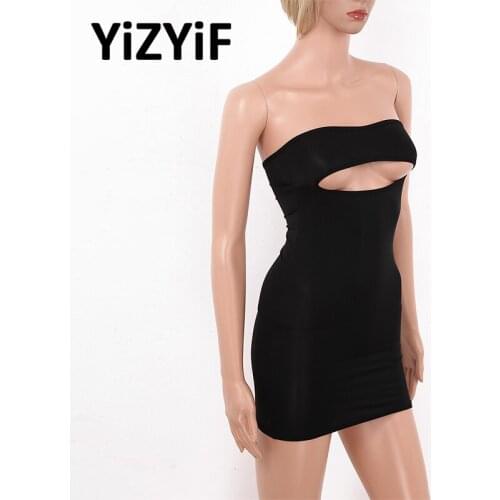 Women Erotic See Through Sheer Mini Dress Sexy Ice Silk Lingerie Strapless Chest Hollow Out Tight Tube Dress Nightwear Sleepwear