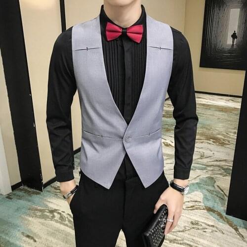 One button suit vest Men slim fashion casual Bartender vest mens waistcoat groom wedding dress vests sleeveless gilet brief