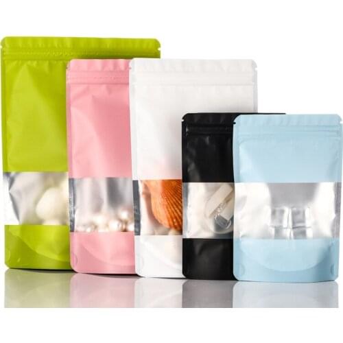 100 Pcs 7 Sizes Stand Up Ziplock Bag Color Aluminum Foil Bags Resealable Food Packaging Bag With Window Large Zipper Pouches