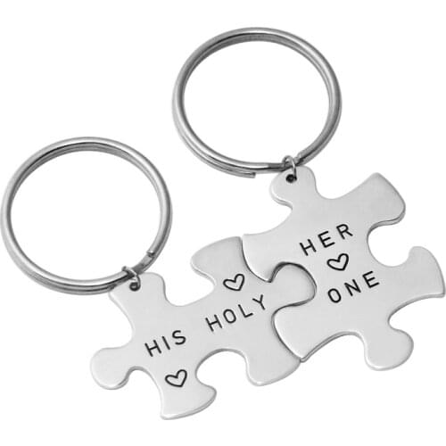 Personalized couple Keychain set, Alloy puzzle Keychain, Customized Name Keychain hand stamp,Valentines Day Gift