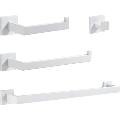 White 4 Pieces Bathroom Hardware Accessories Set Wall Mounted Coat Hook Toilet Paper Holder Towel Holder Towel Bar