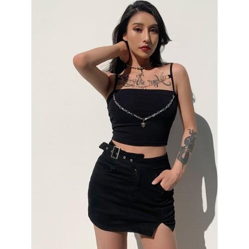 Black Womens Crop Tops With Chic Chain Streetwear 90s Outfits Clothes Summer Punk Style Female Camisole