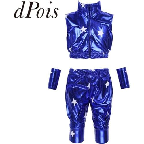 Kids Boys Girls Zipper Star Metallic Sleeveless Crop Tops Pants Jazz Modern Hip-hop Dance Costumes Street Dance Clothes Outfit