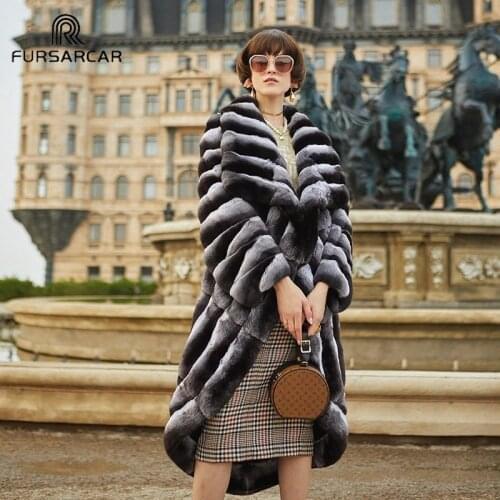 FURSARCAR Winter 120cm Long Natural Rex Rabbit Fur Coat Fashion Chinchilla Turn -Down Collar Jacket Overcoat Thick Warm Outwear